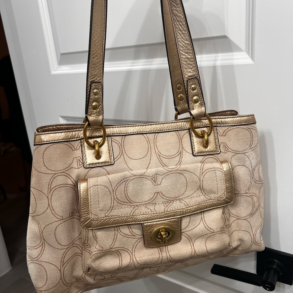Coach Beige and Gold Signature Shoulder Bag